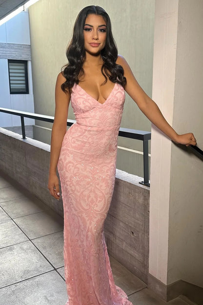 Gorgeous Mermaid Spaghetti Straps Light Pink Long Prom Dress With Embroidery AD421