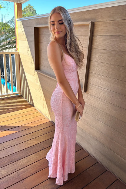 Gorgeous Mermaid Spaghetti Straps Light Pink Long Prom Dress With Embroidery AD421