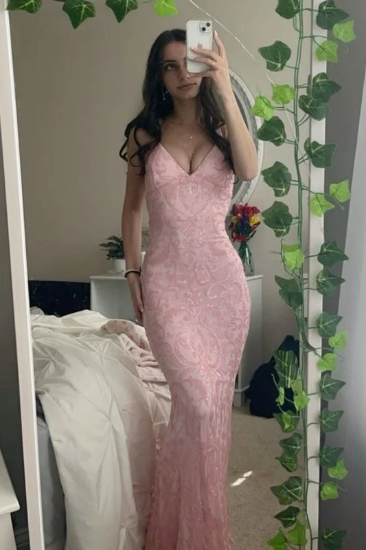 Gorgeous Mermaid Spaghetti Straps Light Pink Long Prom Dress With Embroidery AD421
