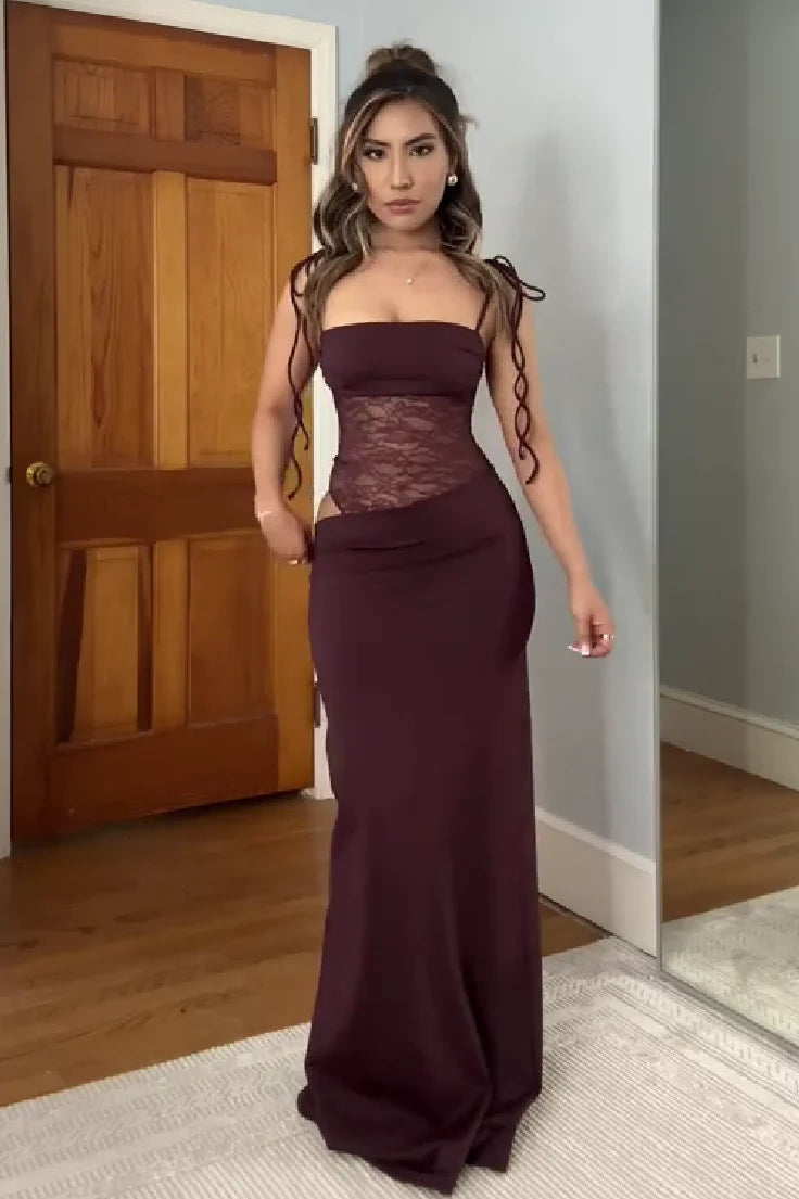 Stunning Mermaid Spaghetti Straps Brown Long Party Dress With Lace AD422