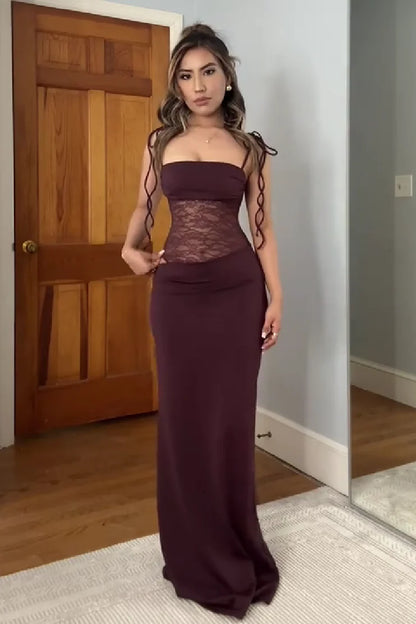 Stunning Mermaid Spaghetti Straps Brown Long Party Dress With Lace AD422