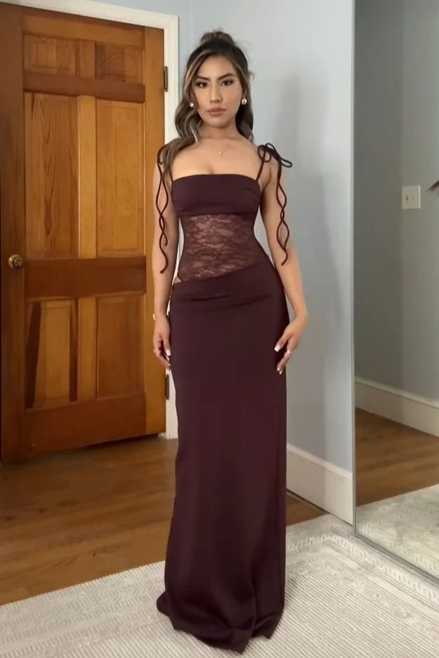 Stunning Mermaid Spaghetti Straps Brown Long Party Dress With Lace AD422