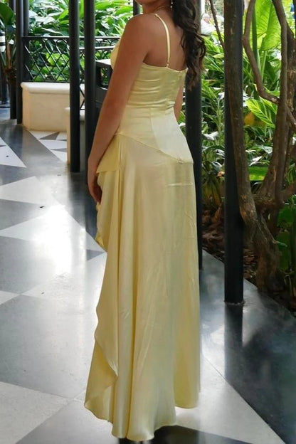 Stylish A Line Spaghetti Straps Yellow Long Prom Dress With Ruffles AD423