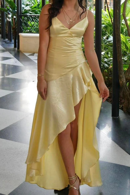 Stylish A Line Spaghetti Straps Yellow Long Prom Dress With Ruffles AD423