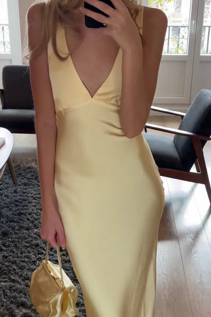 Simple Sheath Deep V Neck Yellow Long Prom Dress With Open Back AD424