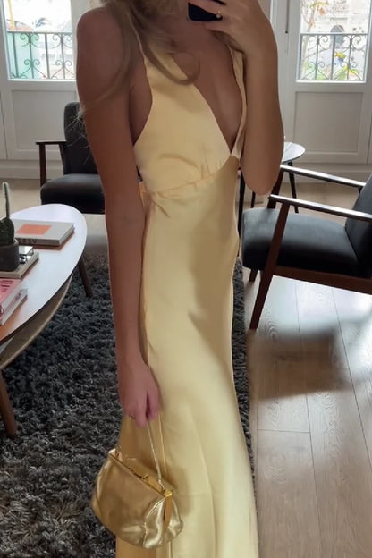Simple Sheath Deep V Neck Yellow Long Prom Dress With Open Back AD424
