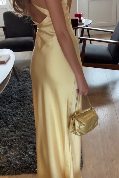 Simple Sheath Deep V Neck Yellow Long Prom Dress With Open Back AD424