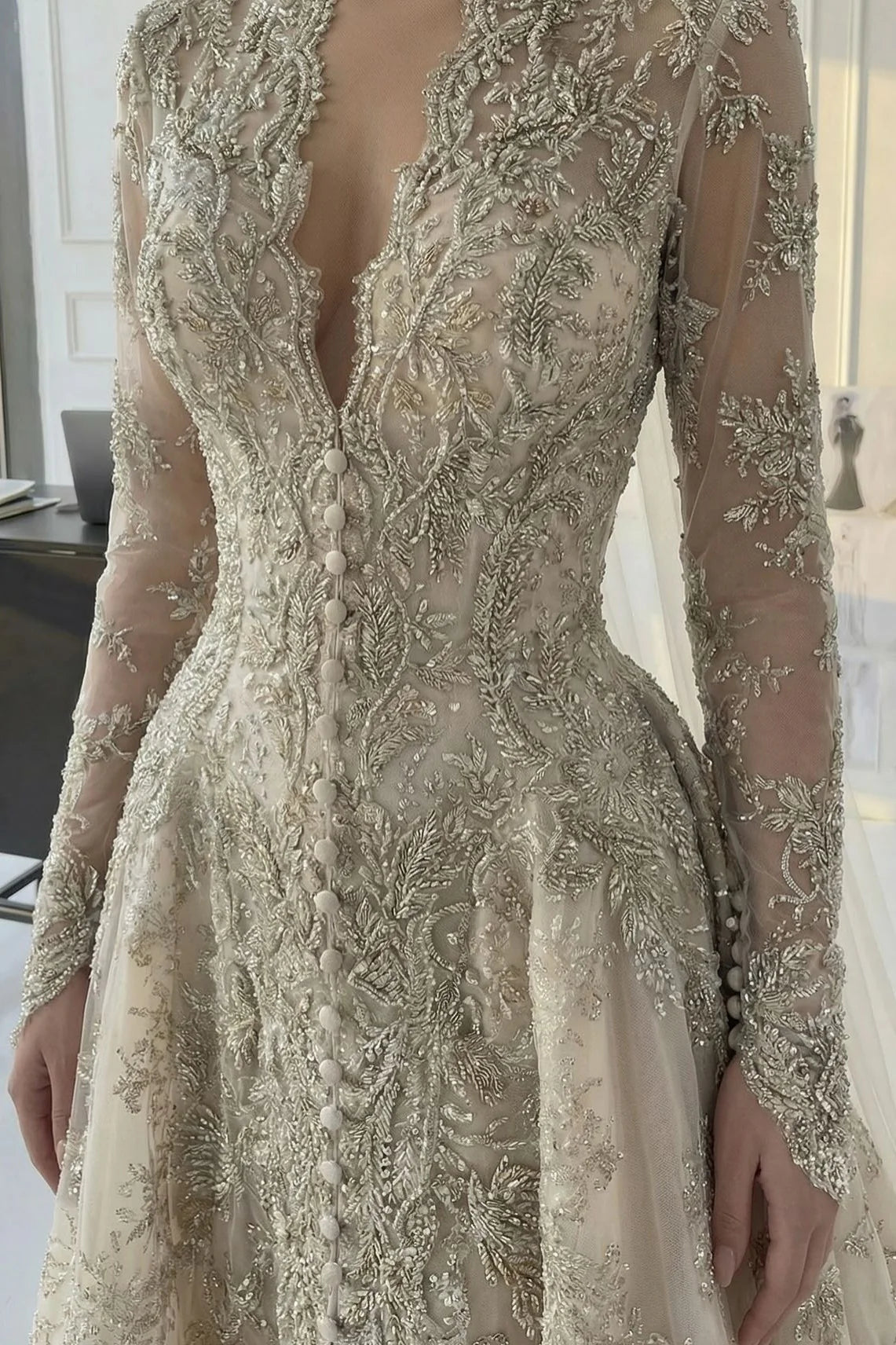 Luxurious A Line V Neck Champagne Long Party Dress With Appliques Lace AD426