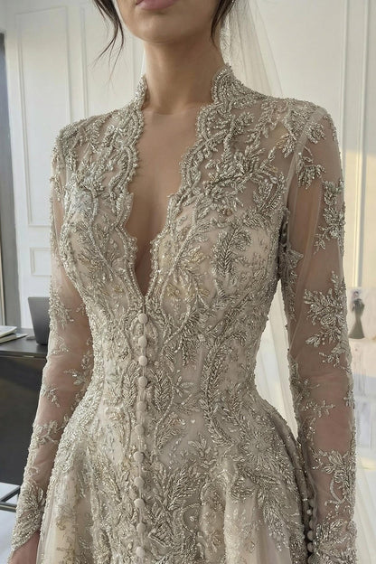 Luxurious A Line V Neck Champagne Long Party Dress With Appliques Lace AD426