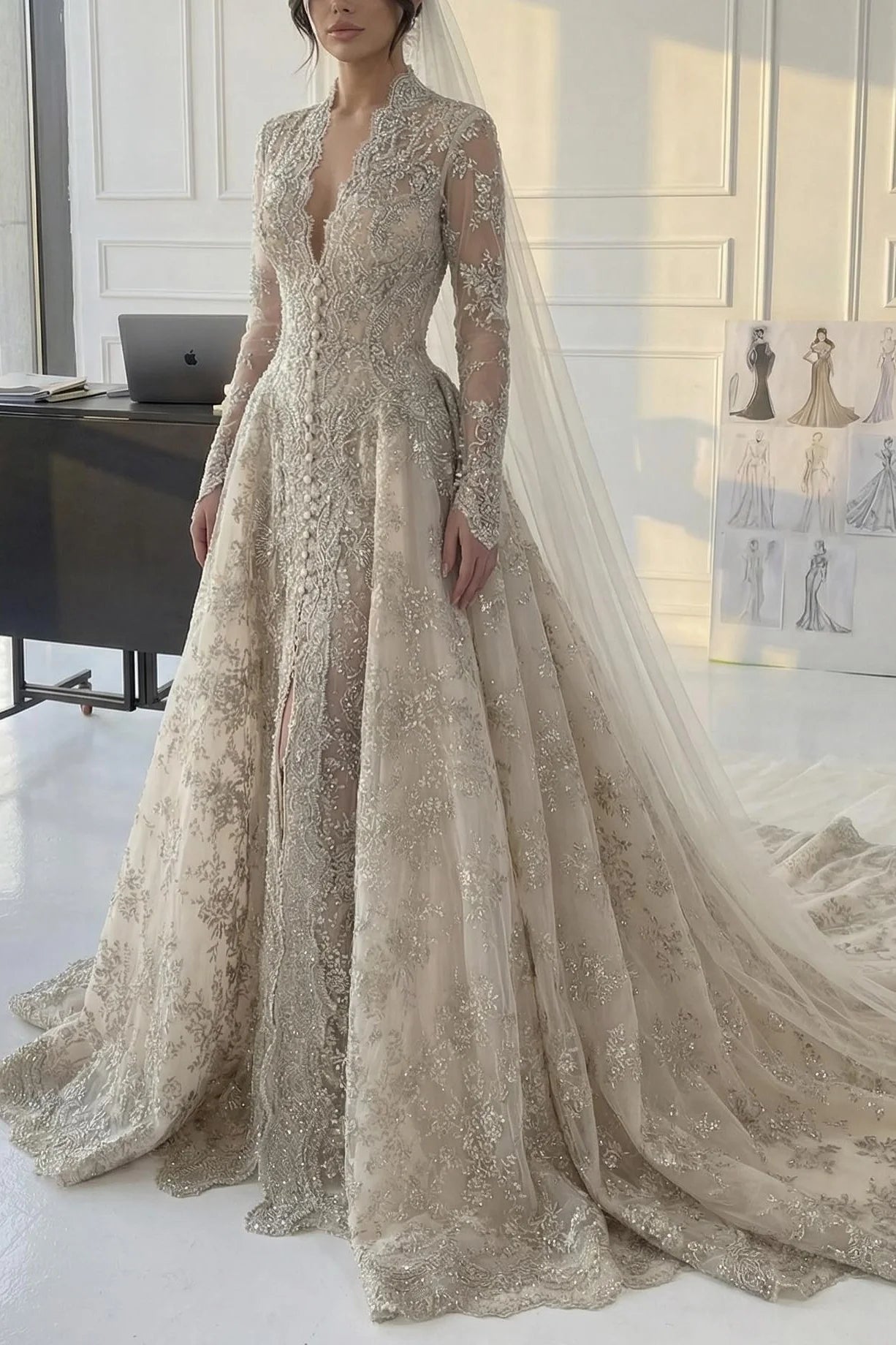 Luxurious A Line V Neck Champagne Long Party Dress With Appliques Lace AD426