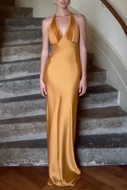 Chic Mermaid Deep V Neck Orange Long Prom Dress With Ruched AD429
