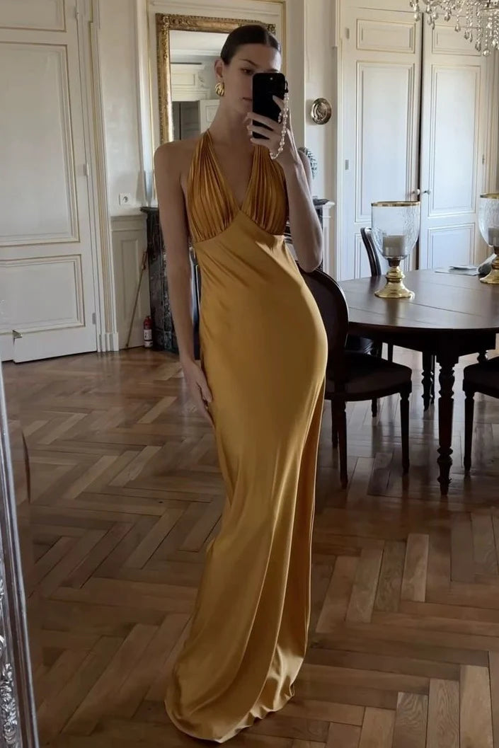 Chic Mermaid Deep V Neck Orange Long Prom Dress With Ruched AD429