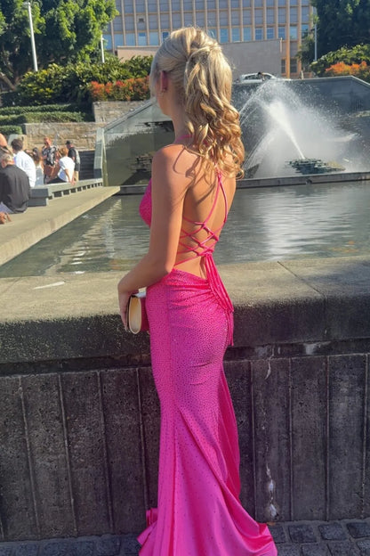Sparkly Mermaid Spaghetti Straps Hot Pink Long Party Dress With Beading AD430