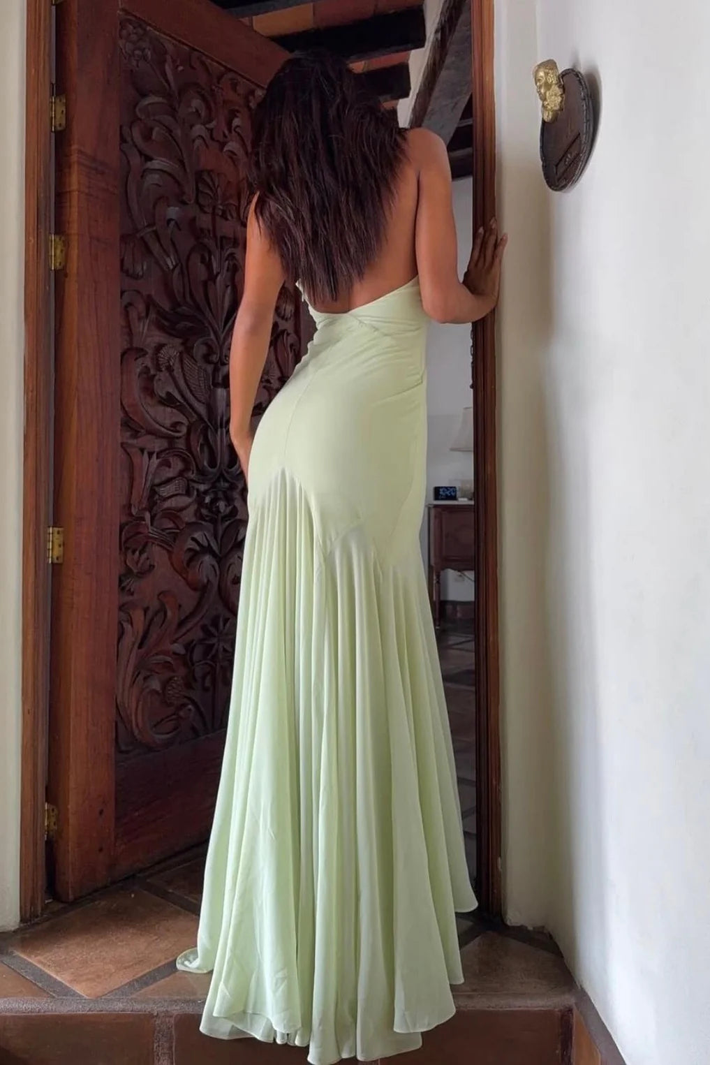 Charming Mermaid Halter Neck Light Green Long Prom Dress With Ruffles AD432