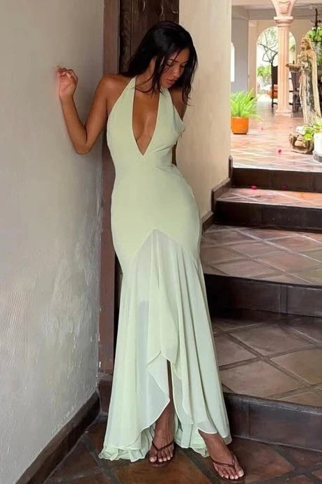 Charming Mermaid Halter Neck Light Green Long Prom Dress With Ruffles AD432