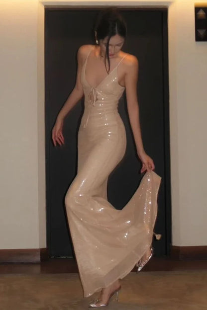 Bling Mermaid Spaghetti Straps Light Champagne Sequins Long Prom Dress AD433