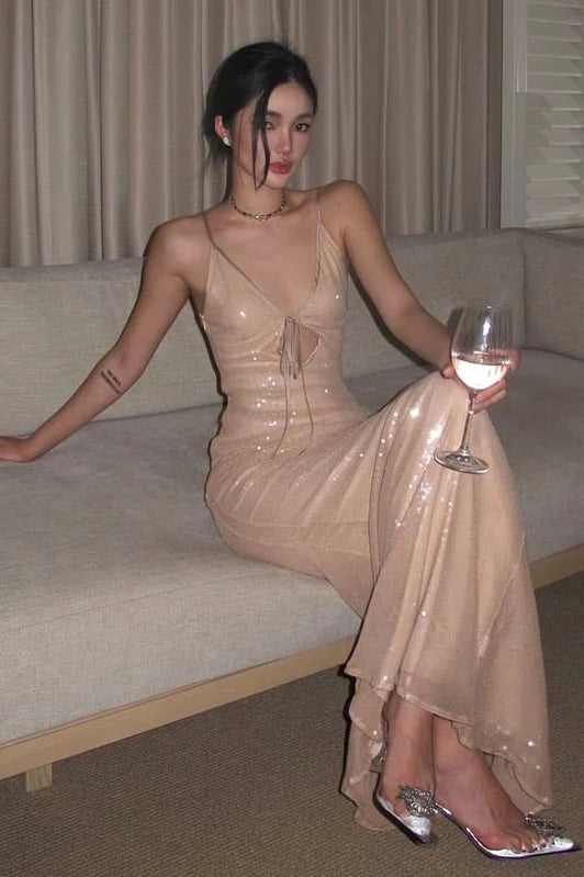 Bling Mermaid Spaghetti Straps Light Champagne Sequins Long Prom Dress AD433