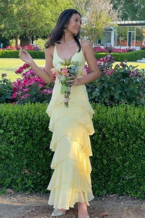 Beautiful A Line V Neck Yellow Long Prom Dress With Ruffles AD435