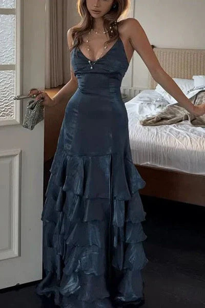 Beautiful A Line V Neck Navy Blue Long Prom Dress With Ruffles AD436