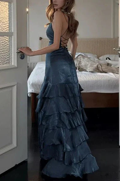 Beautiful A Line V Neck Navy Blue Long Prom Dress With Ruffles AD436