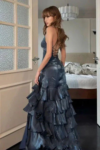 Beautiful A Line V Neck Navy Blue Long Prom Dress With Ruffles AD436