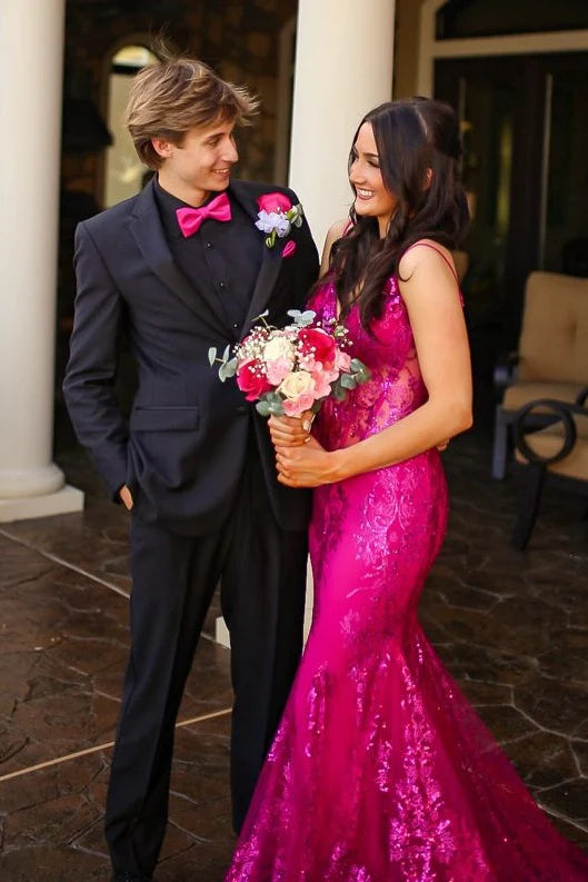 Stunning Mermaid Spaghetti Straps Hot Pink Long Prom Dress With Lace AD438