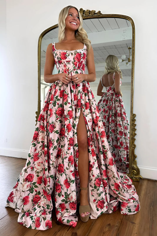 Vintage Pink Floral Square Neck Long Corset Prom Dress With Slit and Pearls AD442