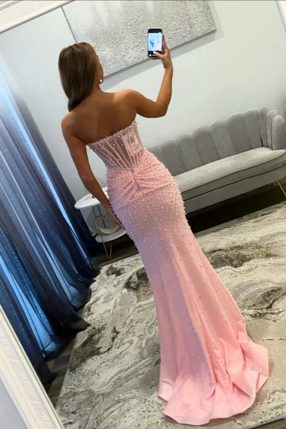 Elegant Pink Sweetheart Mermaid Corset Beaded Prom Dress with High Slit AD443