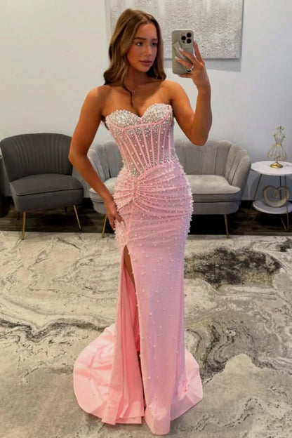 Elegant Pink Sweetheart Mermaid Corset Beaded Prom Dress with High Slit AD443