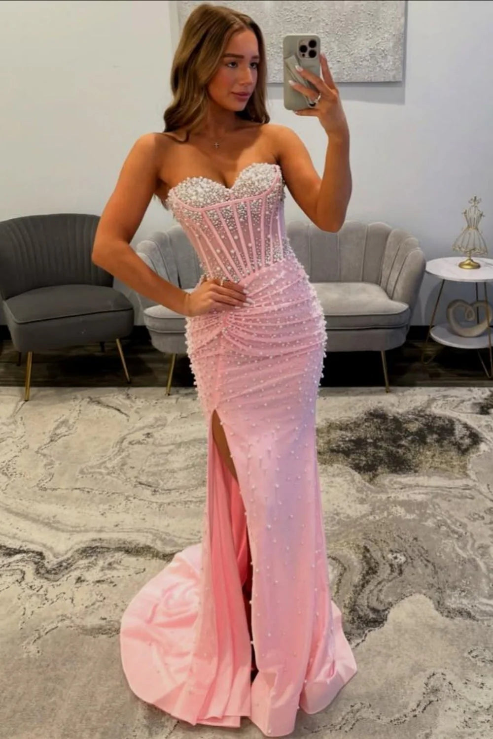 Elegant Pink Sweetheart Mermaid Corset Beaded Prom Dress with High Slit AD443