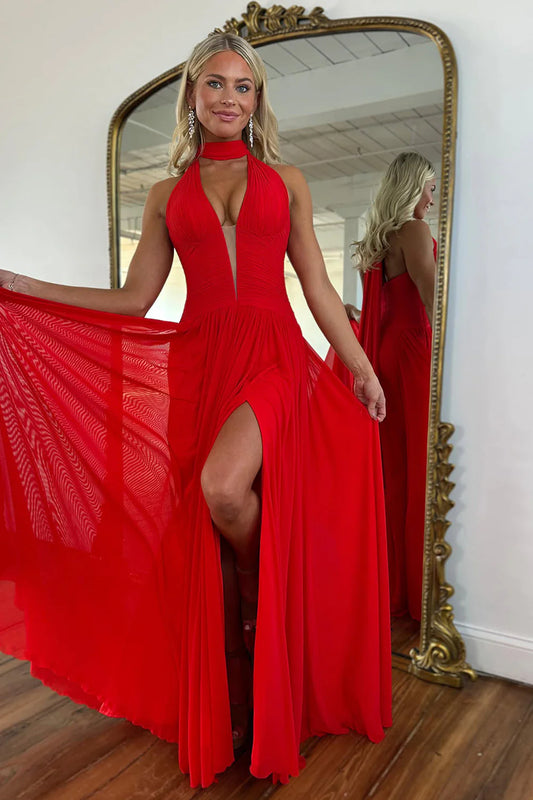 Elegant Red Chiffon Prom Dress Halter Style With Plunging V Neck And Leg Slit AD444