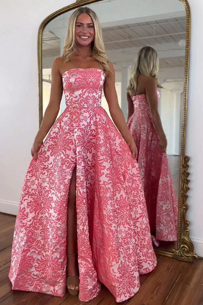 Strapless Floral Prom Dress With Front Slit Elegant A-Line Evening Gown AD445