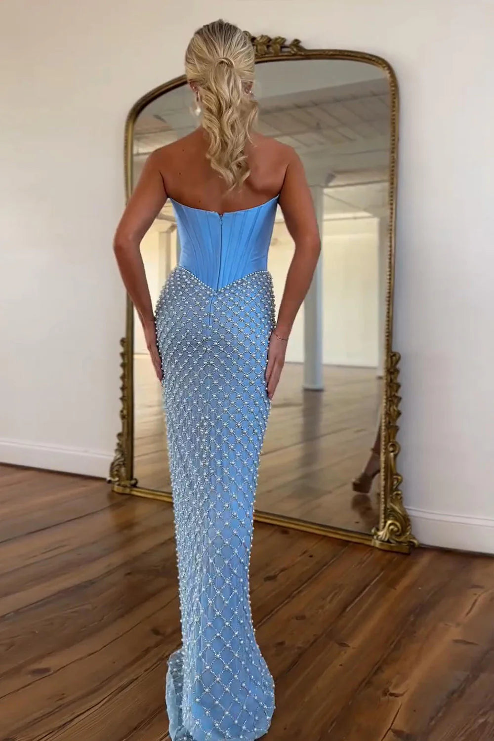 Strapless Corset Prom Dress In Blue With Pearl Beading & High Slit AD446