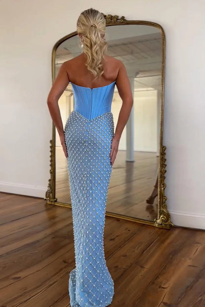 Strapless Corset Prom Dress In Blue With Pearl Beading & High Slit AD446