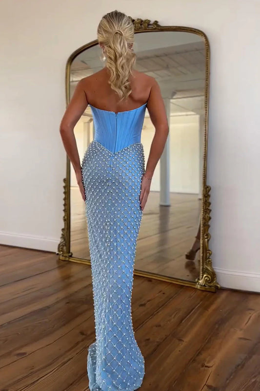 Strapless Corset Prom Dress In Blue With Pearl Beading & High Slit AD446