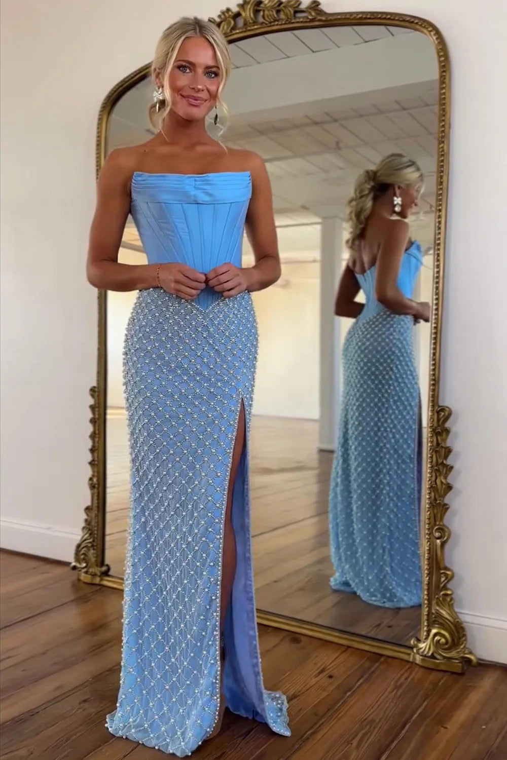 Strapless Corset Prom Dress In Blue With Pearl Beading & High Slit AD446