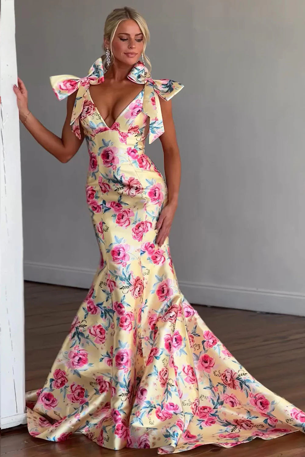 Floral Print Mermaid Prom Dress With Deep V Neck And Bow Shoulder Straps AD447
