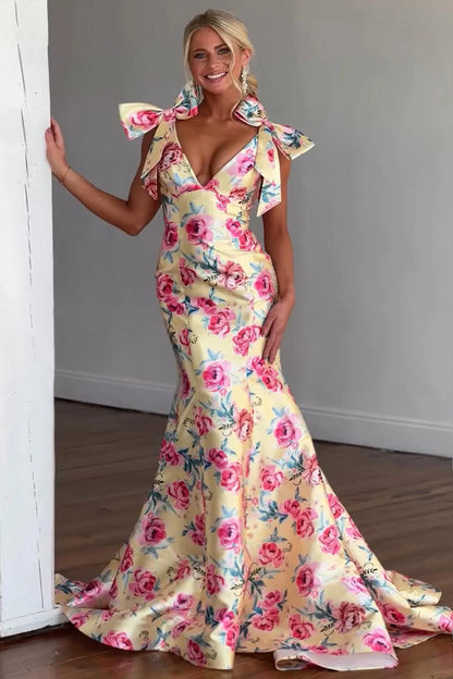 Floral Print Mermaid Prom Dress With Deep V Neck And Bow Shoulder Straps AD447