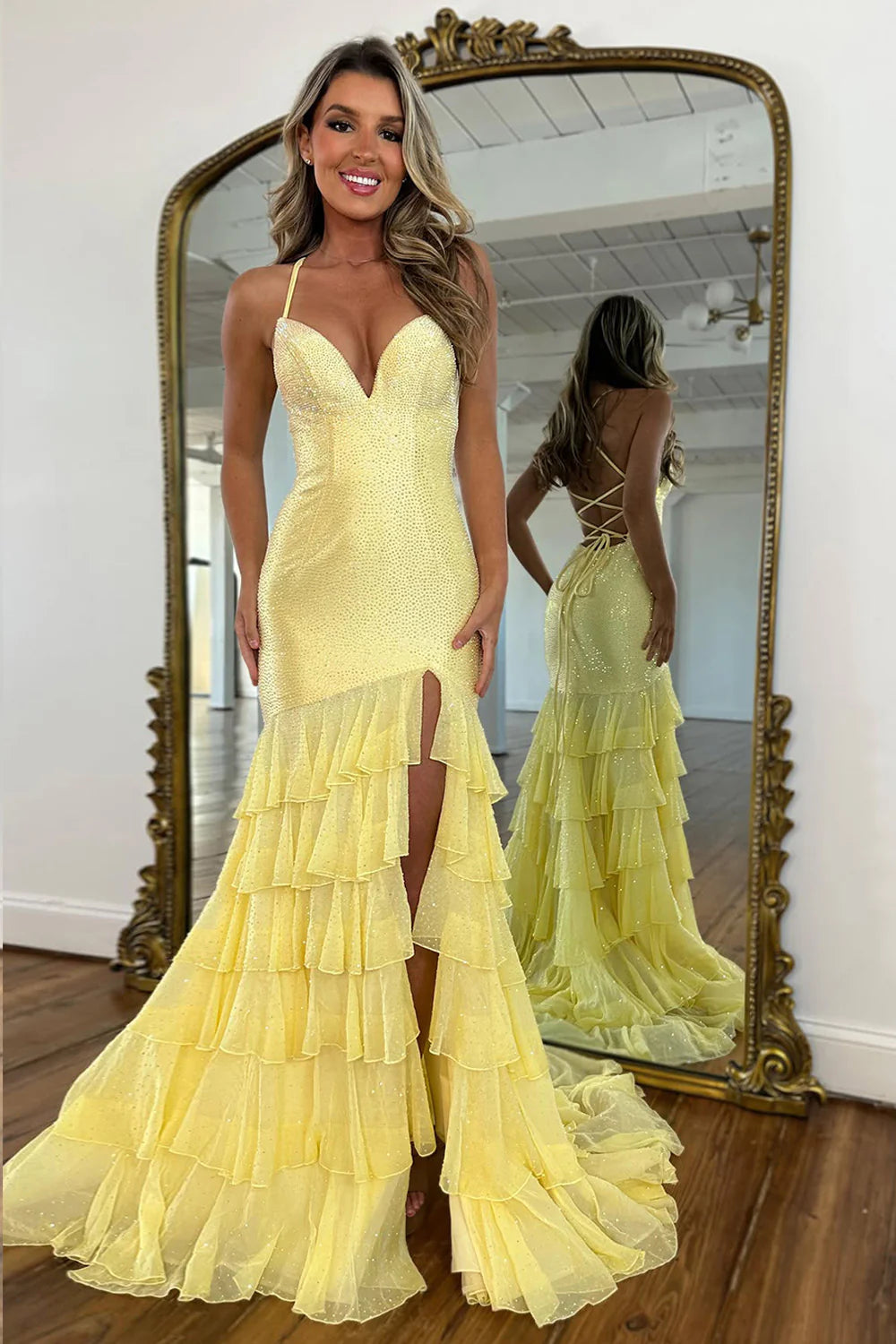 Yellow Sparkle Beaded Top Formal Dress With Side Slit And Corset Back AD448