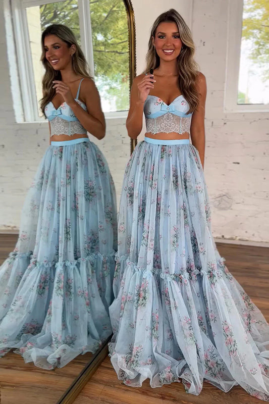 Light Blue Floral Two-Piece Prom Dress With Lace Crop Top & Tiered Tulle Skirt AD450