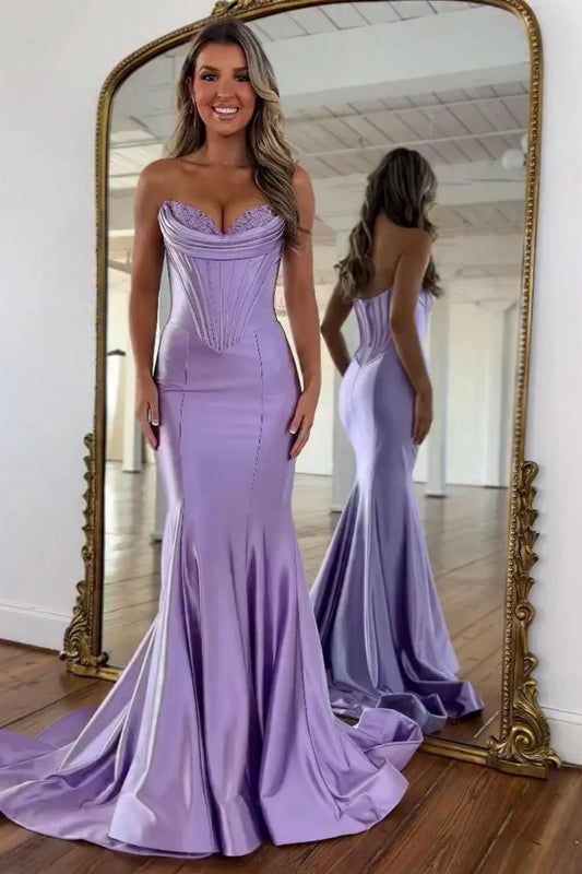 Lilac Satin Strapless Mermaid Prom Dress With Structured Corset Bodice AD451