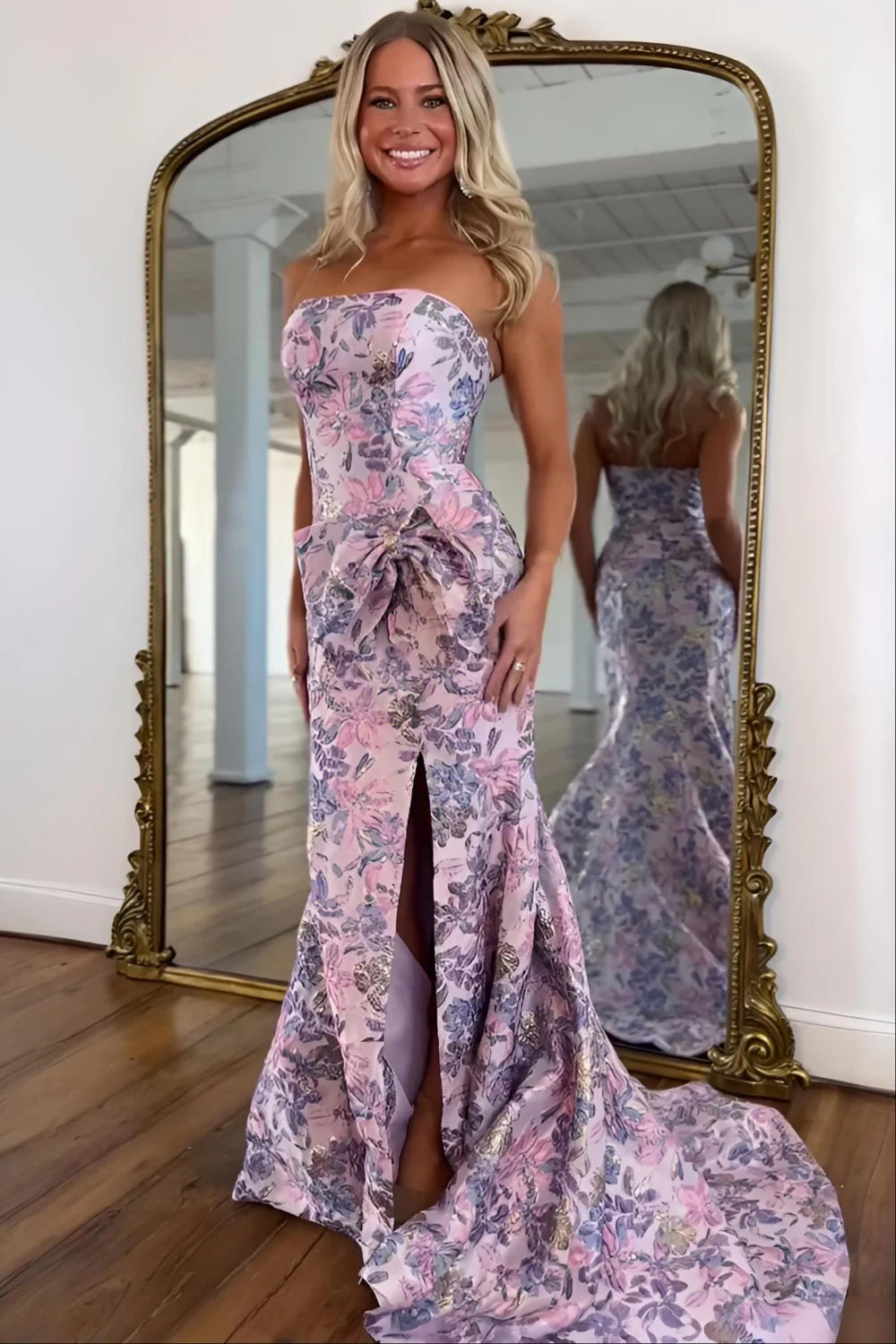 Romantic Floral Strapless Mermaid Prom Dress With Bow Detail And High Slit AD452