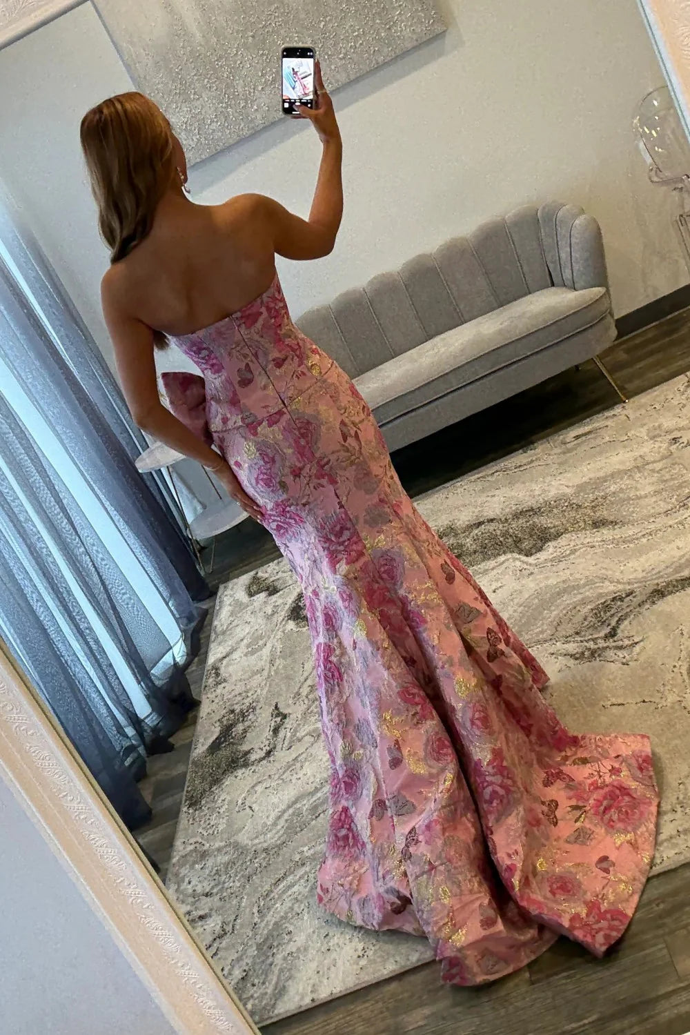 Romantic Floral Strapless Mermaid Prom Dress With Bow Detail And High Slit AD452