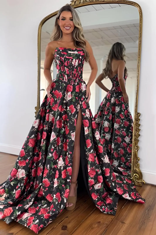 Strapless Black Floral A-Line Prom Dress With Corset Bodice & High Slit AD453