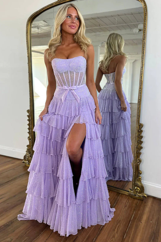 Romantic Lilac Ruffle Tiered Beaded Prom Dress With Corset Bodice AD454