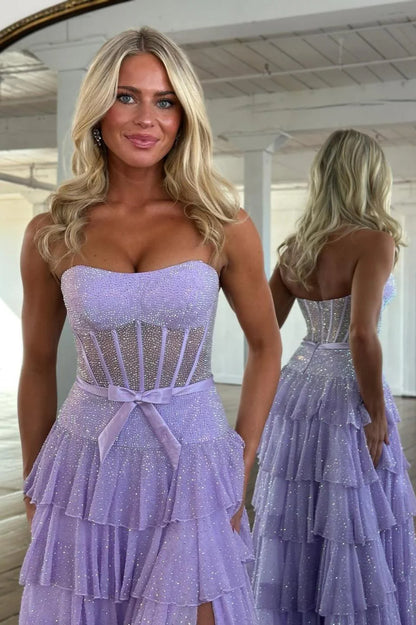 Romantic Lilac Ruffle Tiered Beaded Prom Dress With Corset Bodice AD454