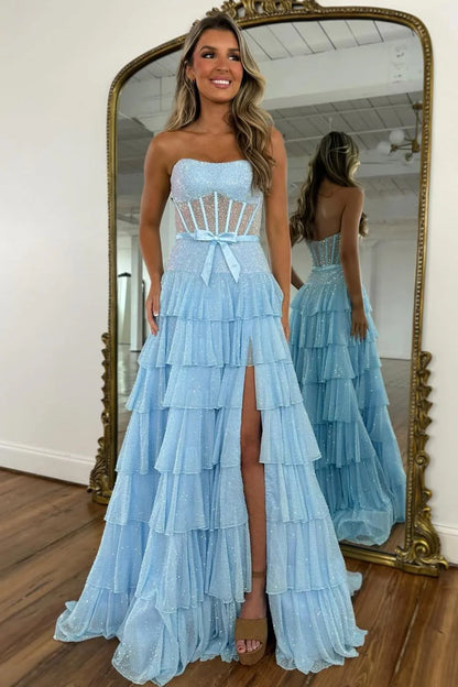 Romantic Lilac Ruffle Tiered Beaded Prom Dress With Corset Bodice AD454