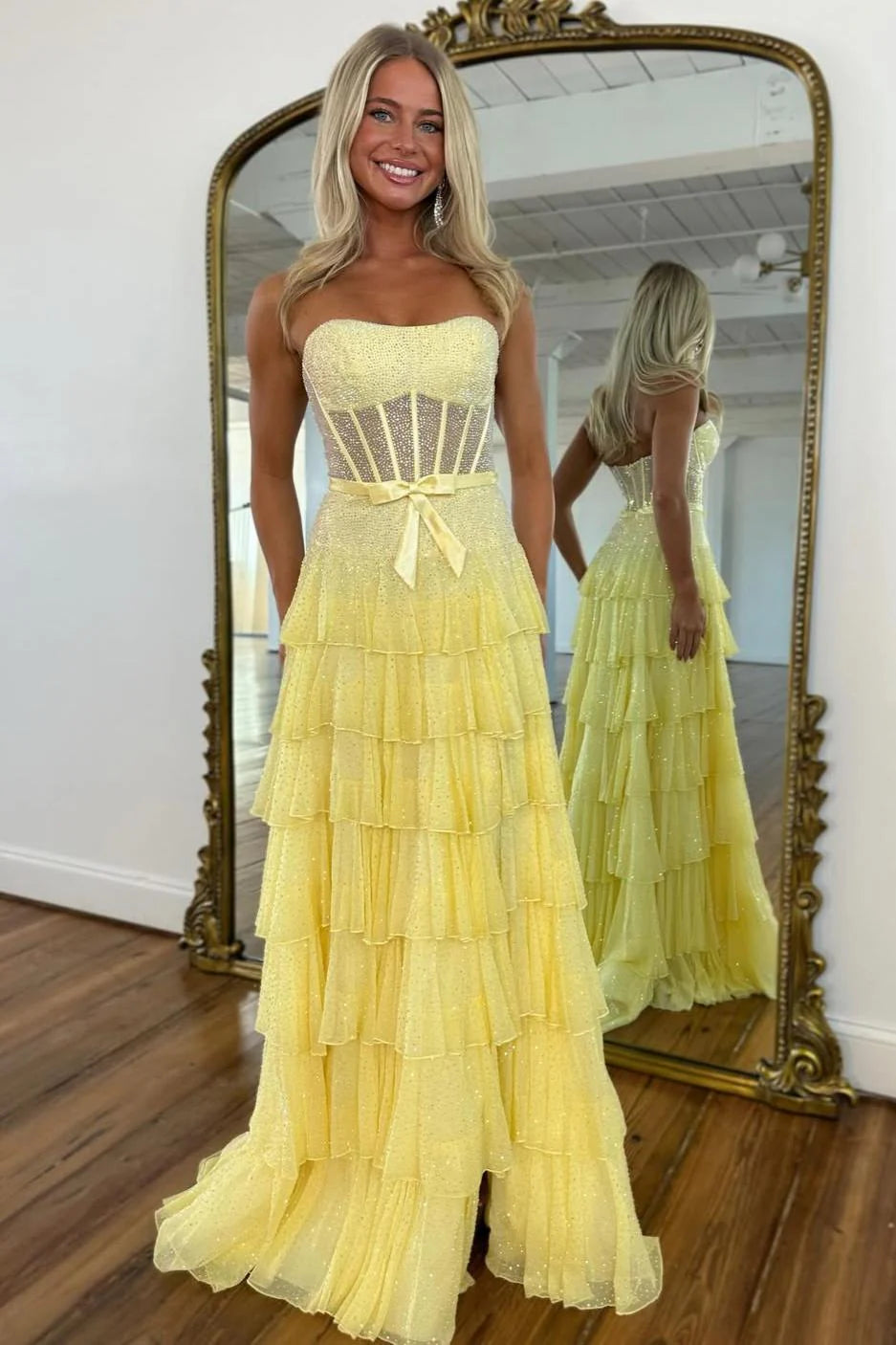 Romantic Lilac Ruffle Tiered Beaded Prom Dress With Corset Bodice AD454
