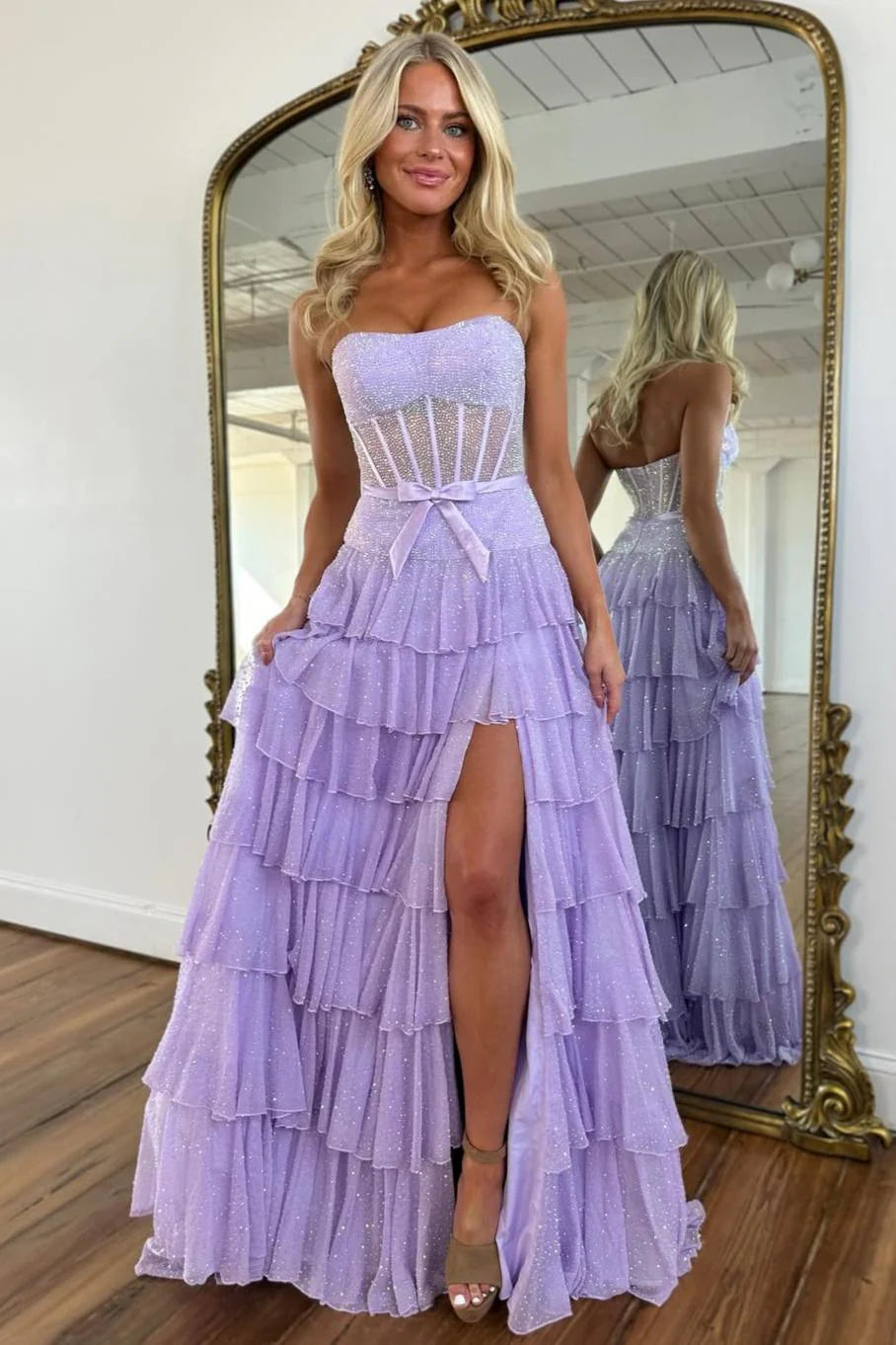 Romantic Lilac Ruffle Tiered Beaded Prom Dress With Corset Bodice AD454