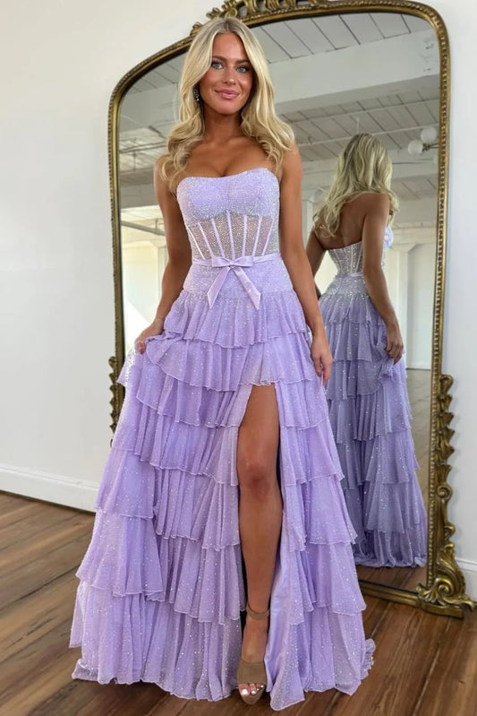 Romantic Lilac Ruffle Tiered Beaded Prom Dress With Corset Bodice AD454
